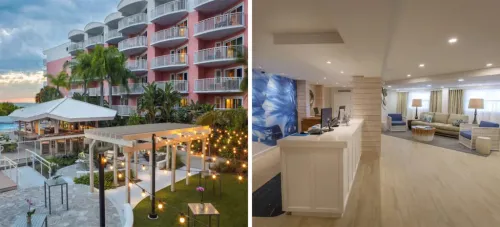 Exterior view of the Don Cesar and courtyard in Tampa, Florida (left) and interior lobby area (right)
